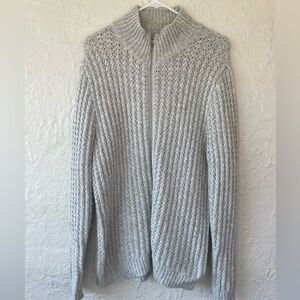 Calibrate grey, chunky-knit, zip-up sweater, wool, alpaca blend, mock neck; L